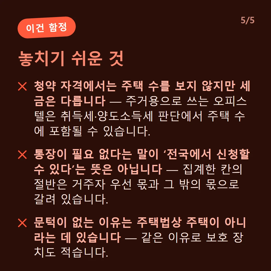 놓치기 쉬운 것 — 청약 자격에서는 주택 수를 보지 않지만 세금은 다릅니다 — 주거용으로 쓰는 오피스텔은 취득세·양도소득세 판단에서 주택 수에 포함될 수 있습니다. / 통장이 필요 없다는 말이 ‘전국에서 신청할 수 있다’는 뜻은 아닙니다 — 집계한 칸의 절반은 거주자 우선 몫과 그 밖의 몫으로 갈려 있습니다. / 문턱이 없는 이유는 주택법상 주택이 아니라는 데 있습니다 — 같은 이유로 보호 장치도 적습니다.