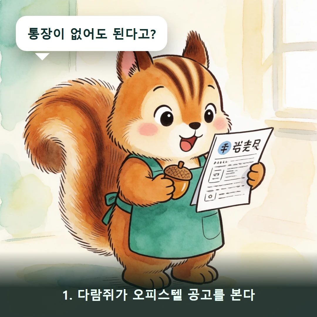 웹툰 1컷 — 1. 다람쥐가 오피스텔 공고를 본다 (통장이 없어도 된다고?)