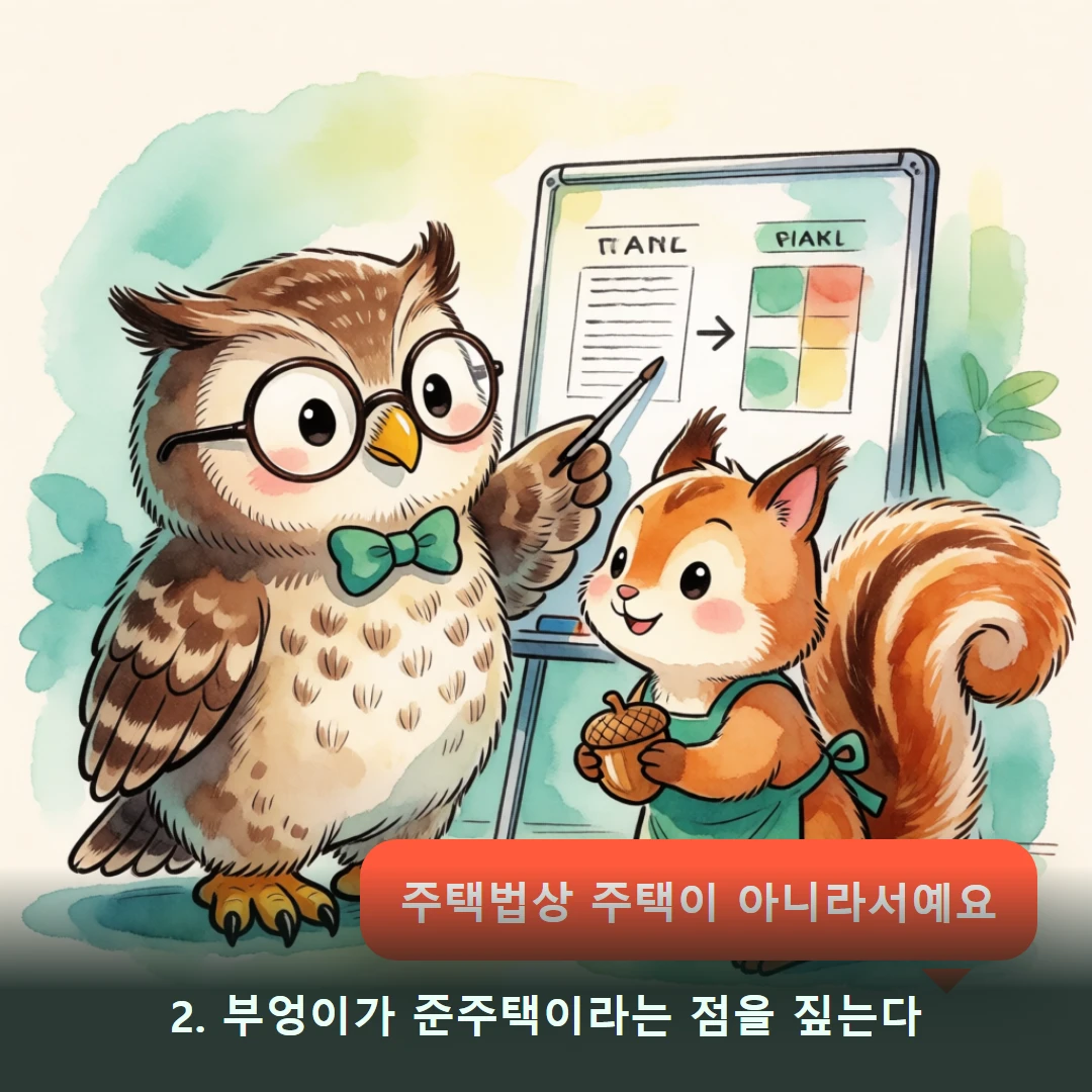 웹툰 2컷 — 2. 부엉이가 준주택이라는 점을 짚는다 (주택법상 주택이 아니라서예요)