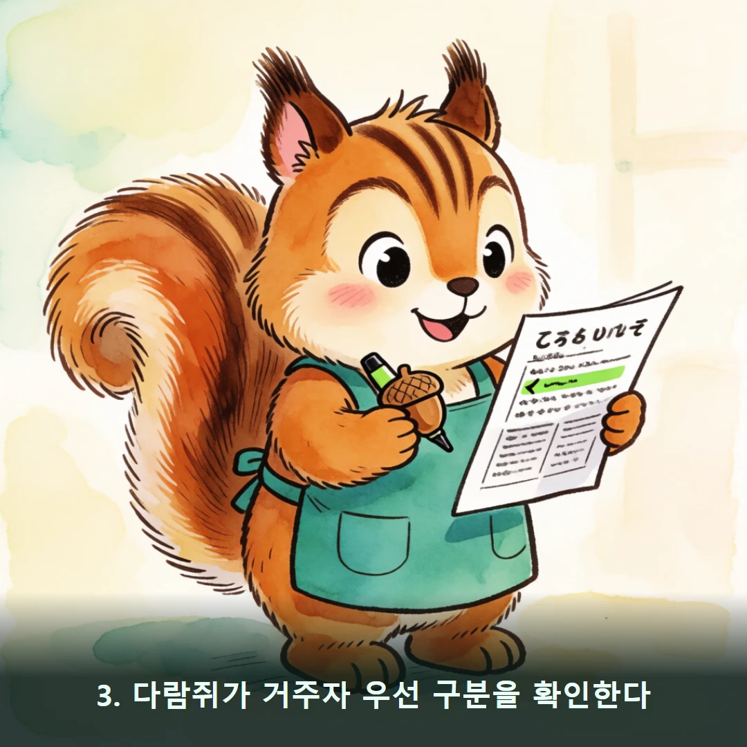 웹툰 3컷 — 3. 다람쥐가 거주자 우선 구분을 확인한다