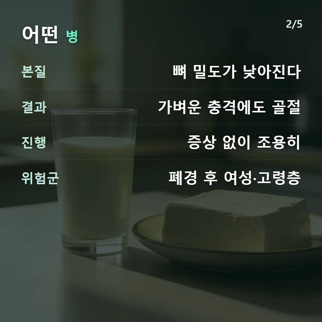 어떤 병 — 본질 뼈 밀도가 낮아진다, 결과 가벼운 충격에도 골절, 진행 증상 없이 조용히, 위험군 폐경 후 여성·고령층