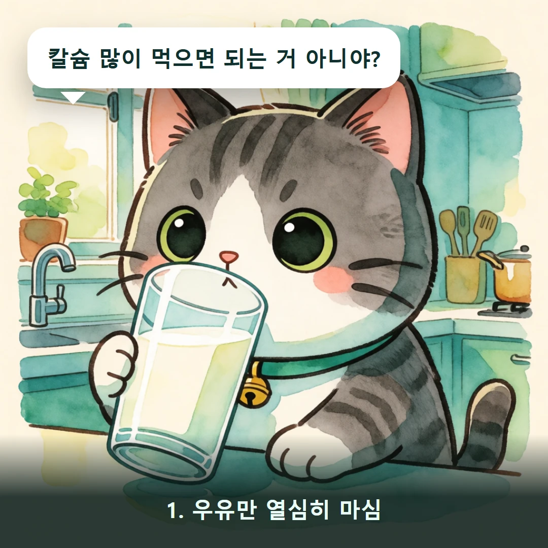 웹툰 1컷 — 1. 우유만 열심히 마심 (칼슘 많이 먹으면 되는 거 아니야?)