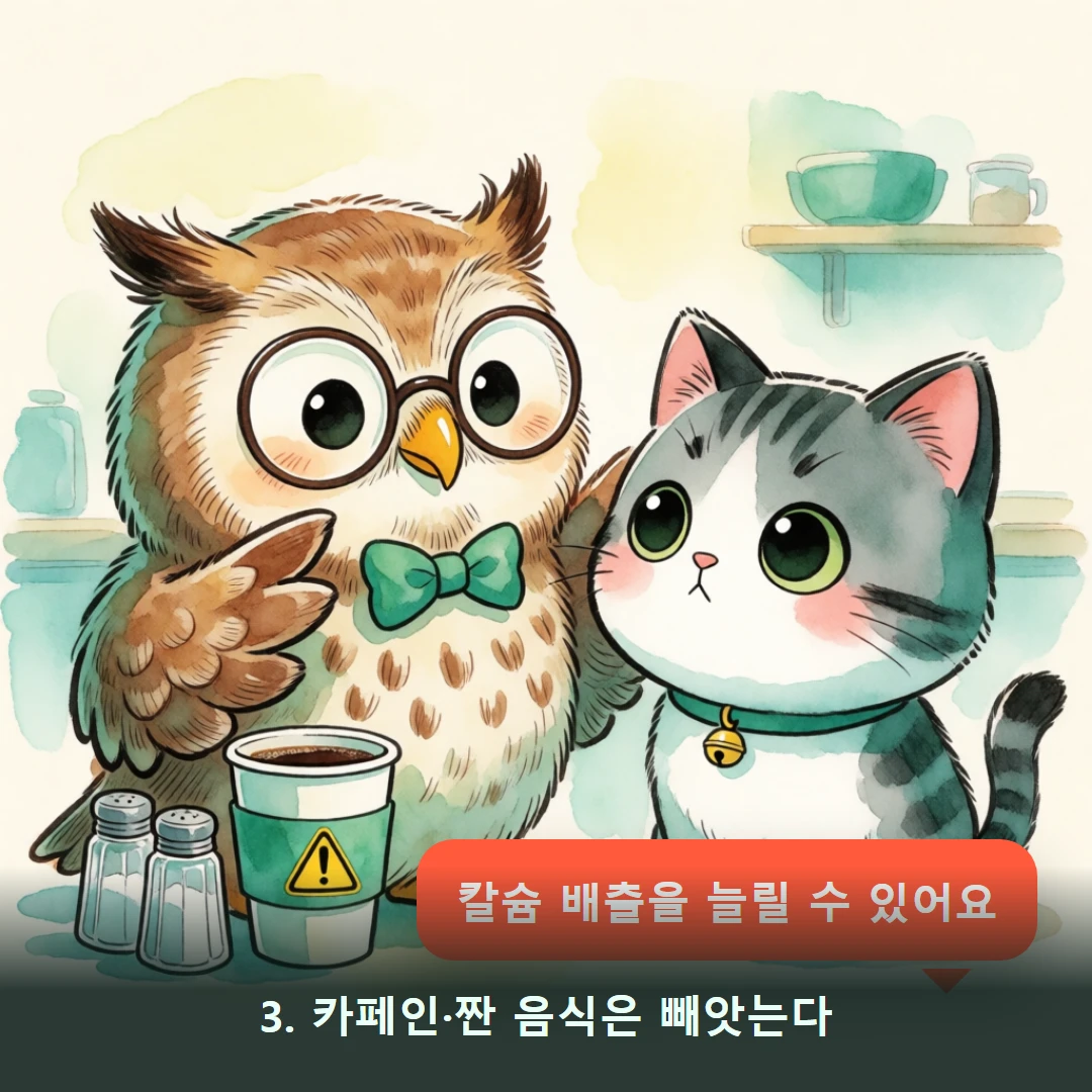 웹툰 3컷 — 3. 카페인·짠 음식은 빼앗는다 (칼슘 배출을 늘릴 수 있어요)
