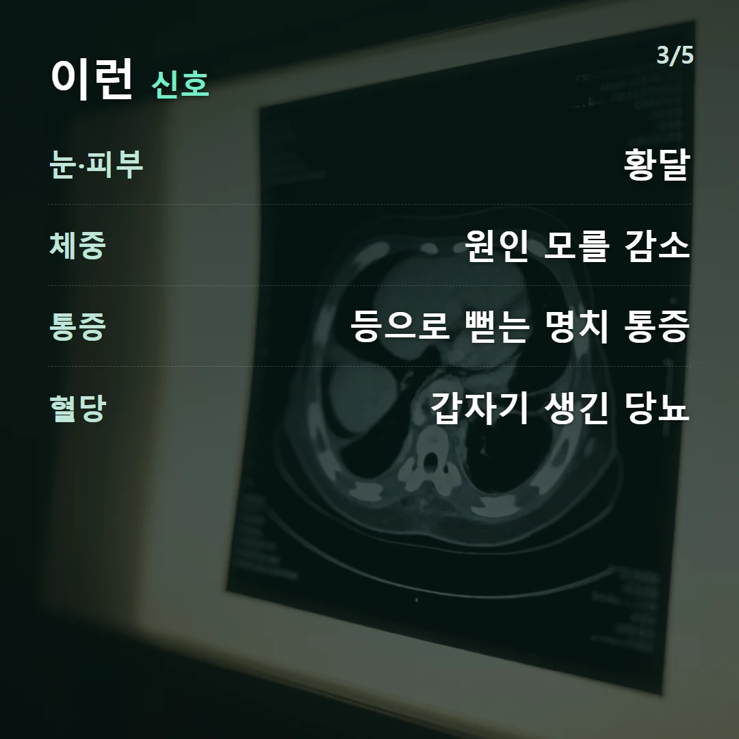 이런 신호 — 눈·피부 황달, 체중 원인 모를 감소, 통증 등으로 뻗는 명치 통증, 혈당 갑자기 생긴 당뇨