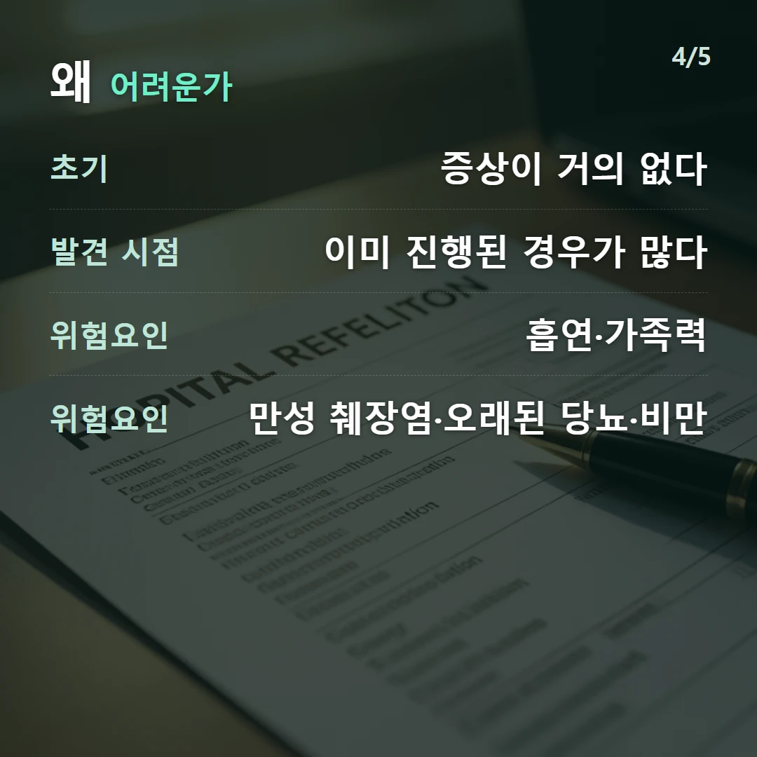 왜 어려운가 — 초기 증상이 거의 없다, 발견 시점 이미 진행된 경우가 많다, 위험요인 흡연·가족력, 위험요인 만성 췌장염·오래된 당뇨·비만