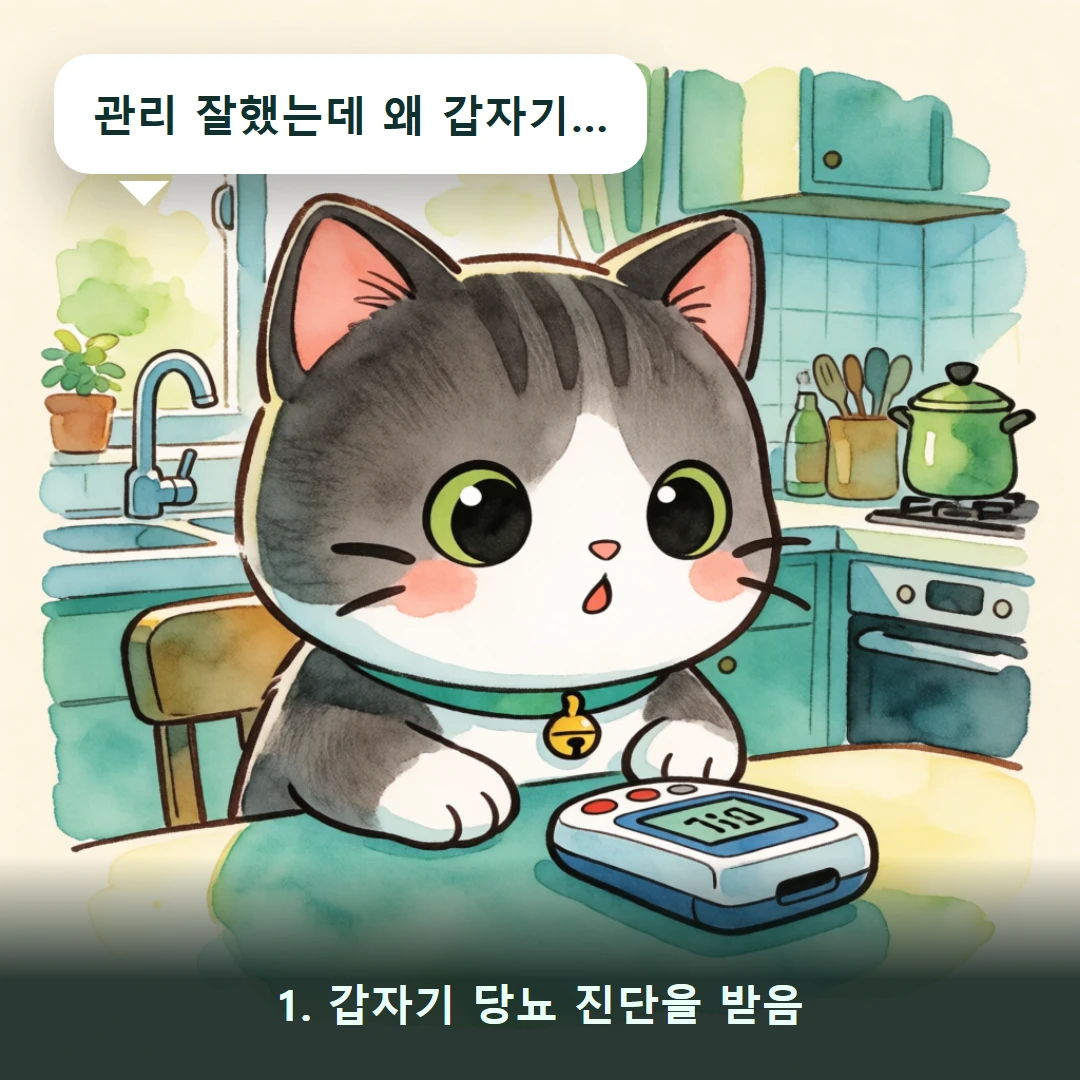 웹툰 1컷 — 1. 갑자기 당뇨 진단을 받음 (관리 잘했는데 왜 갑자기…)