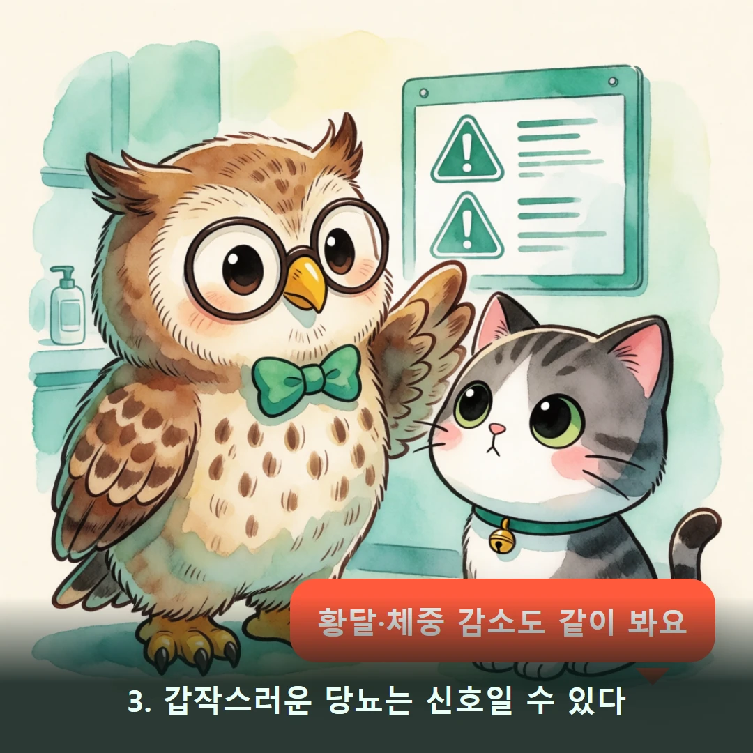 웹툰 3컷 — 3. 갑작스러운 당뇨는 신호일 수 있다 (황달·체중 감소도 같이 봐요)