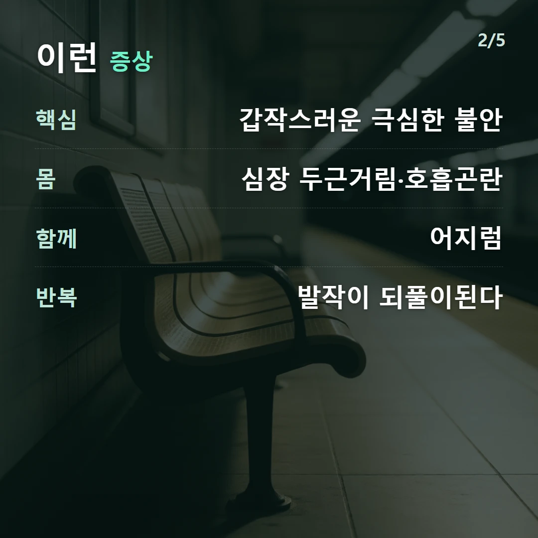 이런 증상 — 핵심 갑작스러운 극심한 불안, 몸 심장 두근거림·호흡곤란, 함께 어지럼, 반복 발작이 되풀이된다