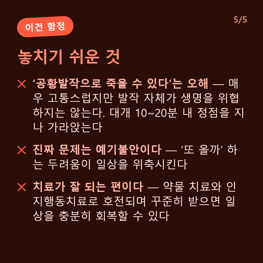 놓치기 쉬운 것 — ‘공황발작으로 죽을 수 있다’는 오해 — 매우 고통스럽지만 발작 자체가 생명을 위협하지는 않는다. 대개 10~20분 내 정점을 지나 가라앉는다 / 진짜 문제는 예기불안이다 — ‘또 올까’ 하는 두려움이 일상을 위축시킨다 / 치료가 잘 되는 편이다 — 약물 치료와 인지행동치료로 호전되며 꾸준히 받으면 일상을 충분히 회복할 수 있다