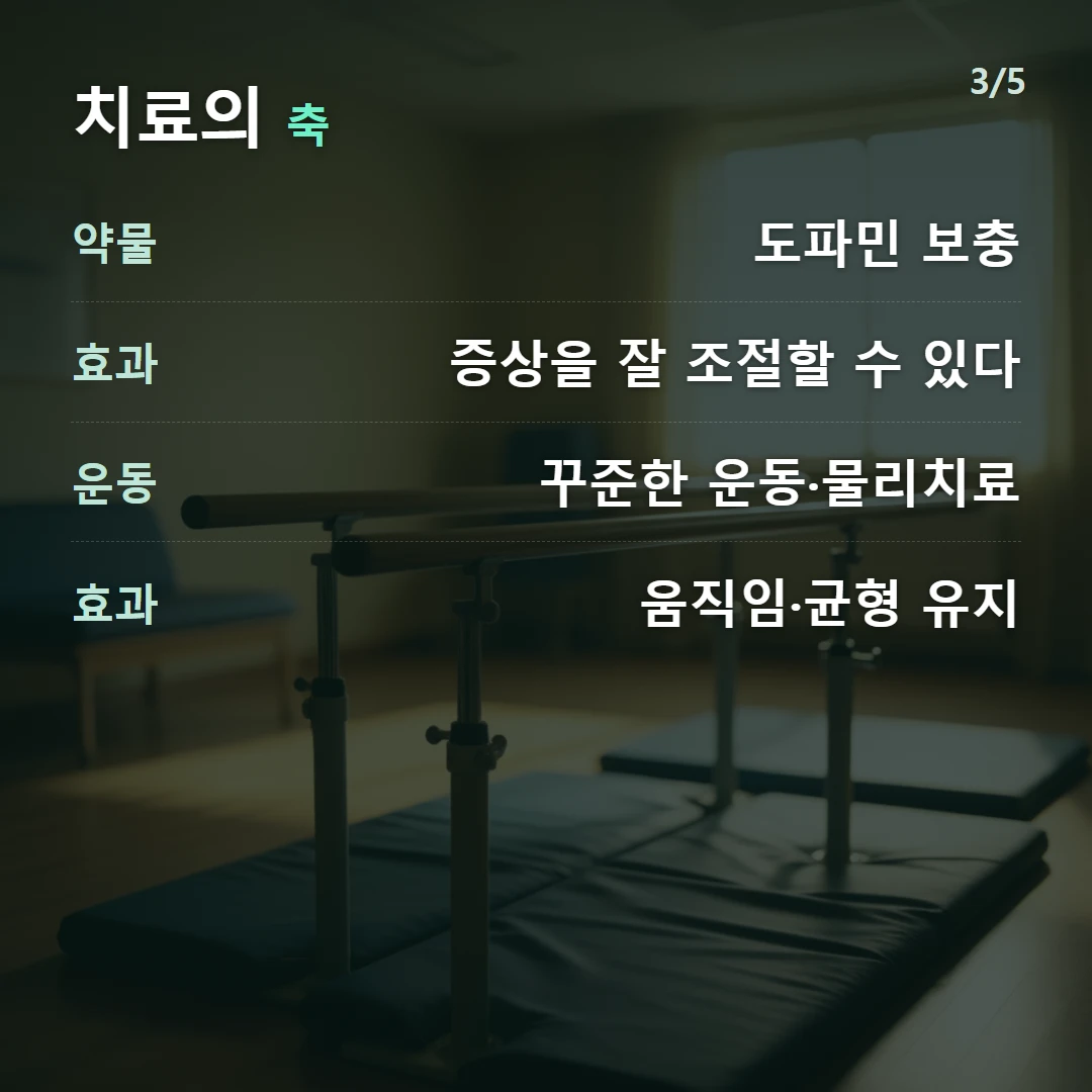 치료의 축 — 약물 도파민 보충, 효과 증상을 잘 조절할 수 있다, 운동 꾸준한 운동·물리치료, 효과 움직임·균형 유지