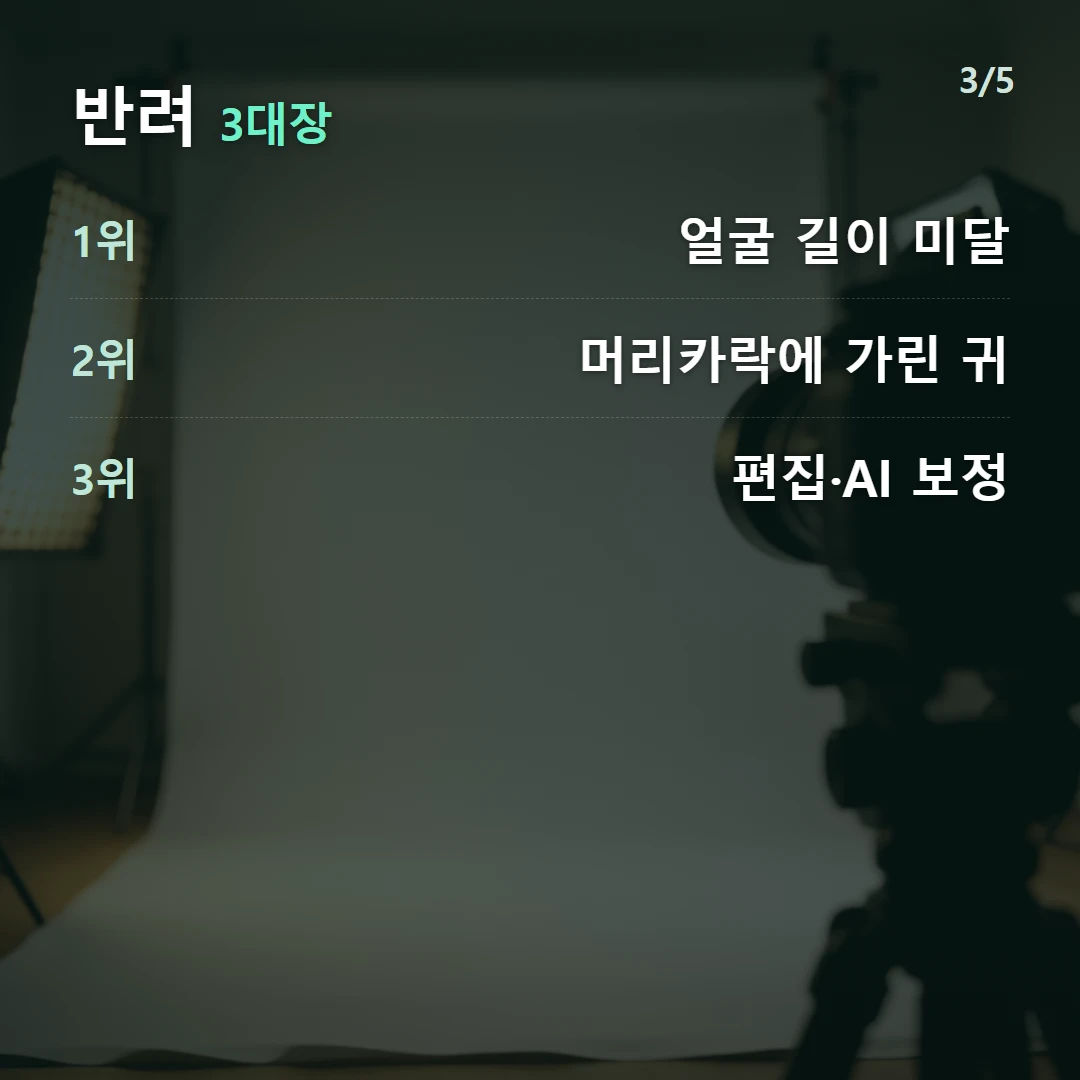 반려 3대장 — 1위 얼굴 길이 미달, 2위 머리카락에 가린 귀, 3위 편집·AI 보정