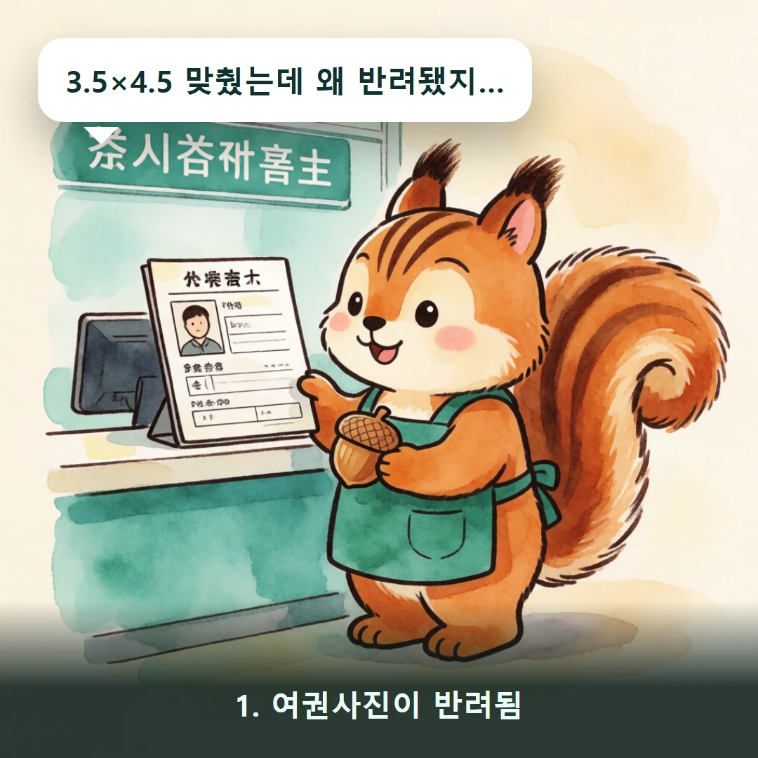 웹툰 1컷 — 1. 여권사진이 반려됨 (3.5×4.5 맞췄는데 왜 반려됐지…)