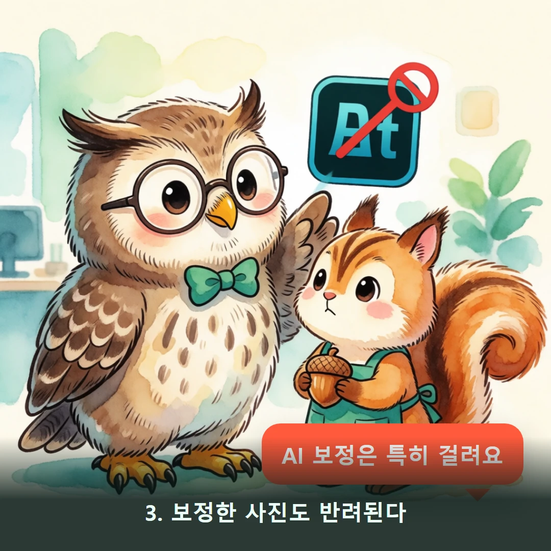 웹툰 3컷 — 3. 보정한 사진도 반려된다 (AI 보정은 특히 걸려요)