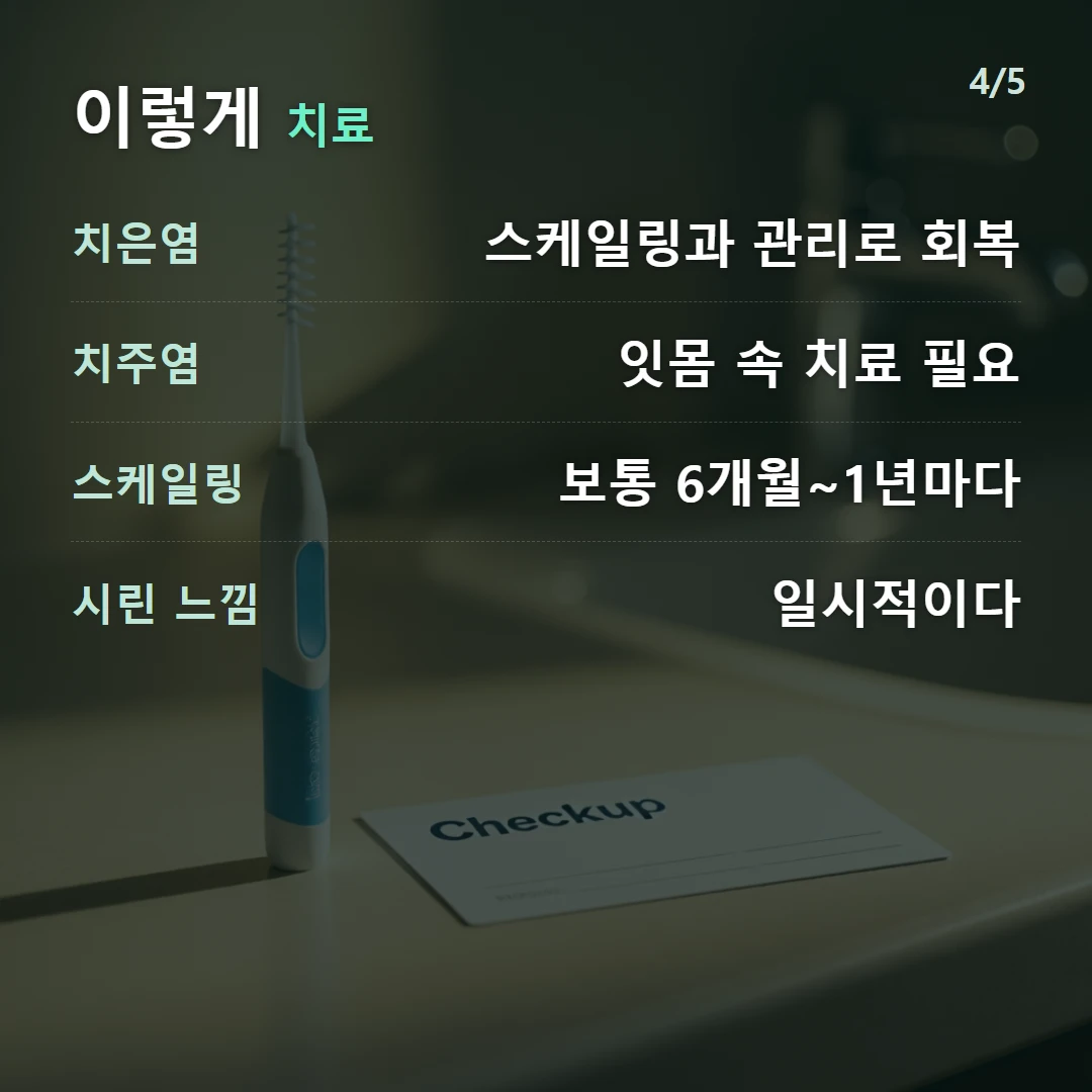 이렇게 치료 — 치은염 스케일링과 관리로 회복, 치주염 잇몸 속 치료 필요, 스케일링 보통 6개월~1년마다, 시린 느낌 일시적이다