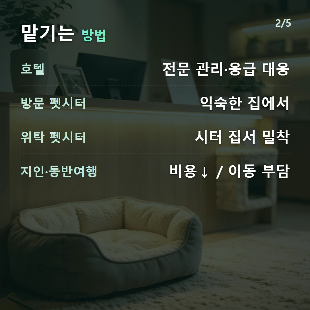 맡기는 방법 — 호텔 전문 관리·응급 대응, 방문 펫시터 익숙한 집에서, 위탁 펫시터 시터 집서 밀착, 지인·동반여행 비용↓ / 이동 부담