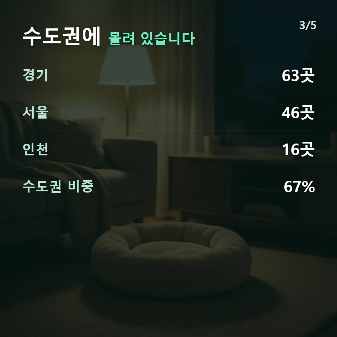 수도권에 몰려 있습니다 — 경기 63곳, 서울 46곳, 인천 16곳, 수도권 비중 67%