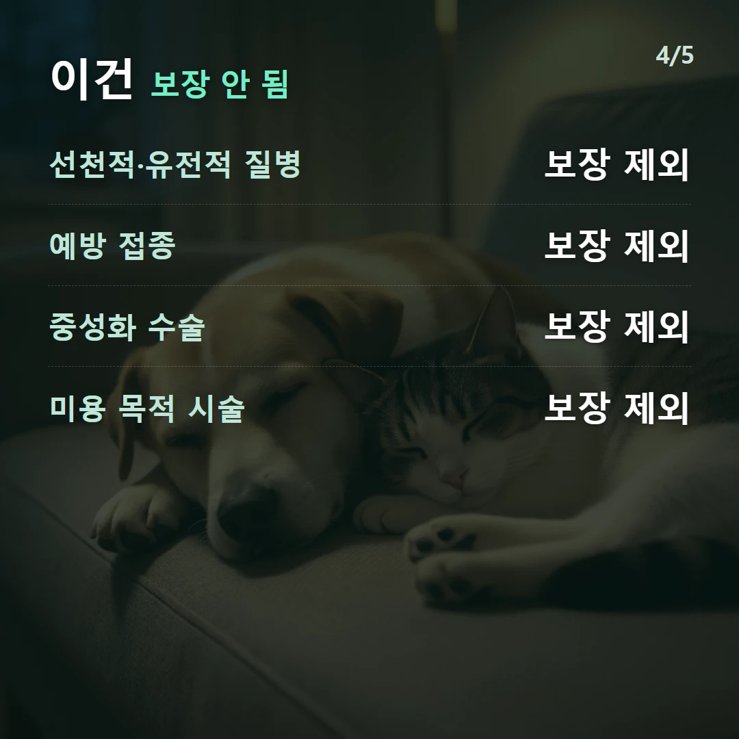이건 보장 안 됨 — 선천적·유전적 질병 보장 제외, 예방 접종 보장 제외, 중성화 수술 보장 제외, 미용 목적 시술 보장 제외