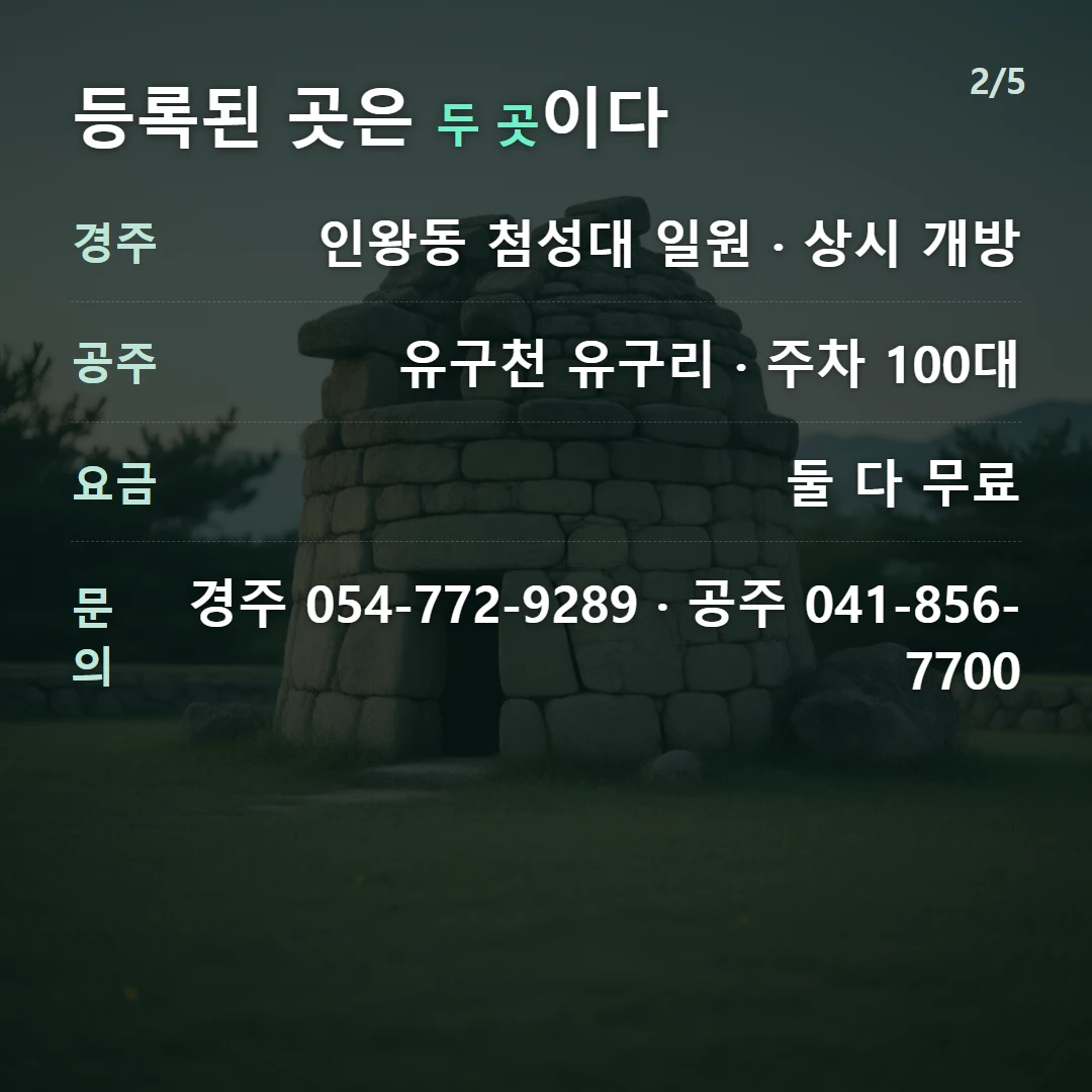 등록된 곳은 두 곳이다 — 경주 인왕동 첨성대 일원 · 상시 개방, 공주 유구천 유구리 · 주차 100대, 요금 둘 다 무료, 문의 경주 054-772-9289 · 공주 041-856-7700