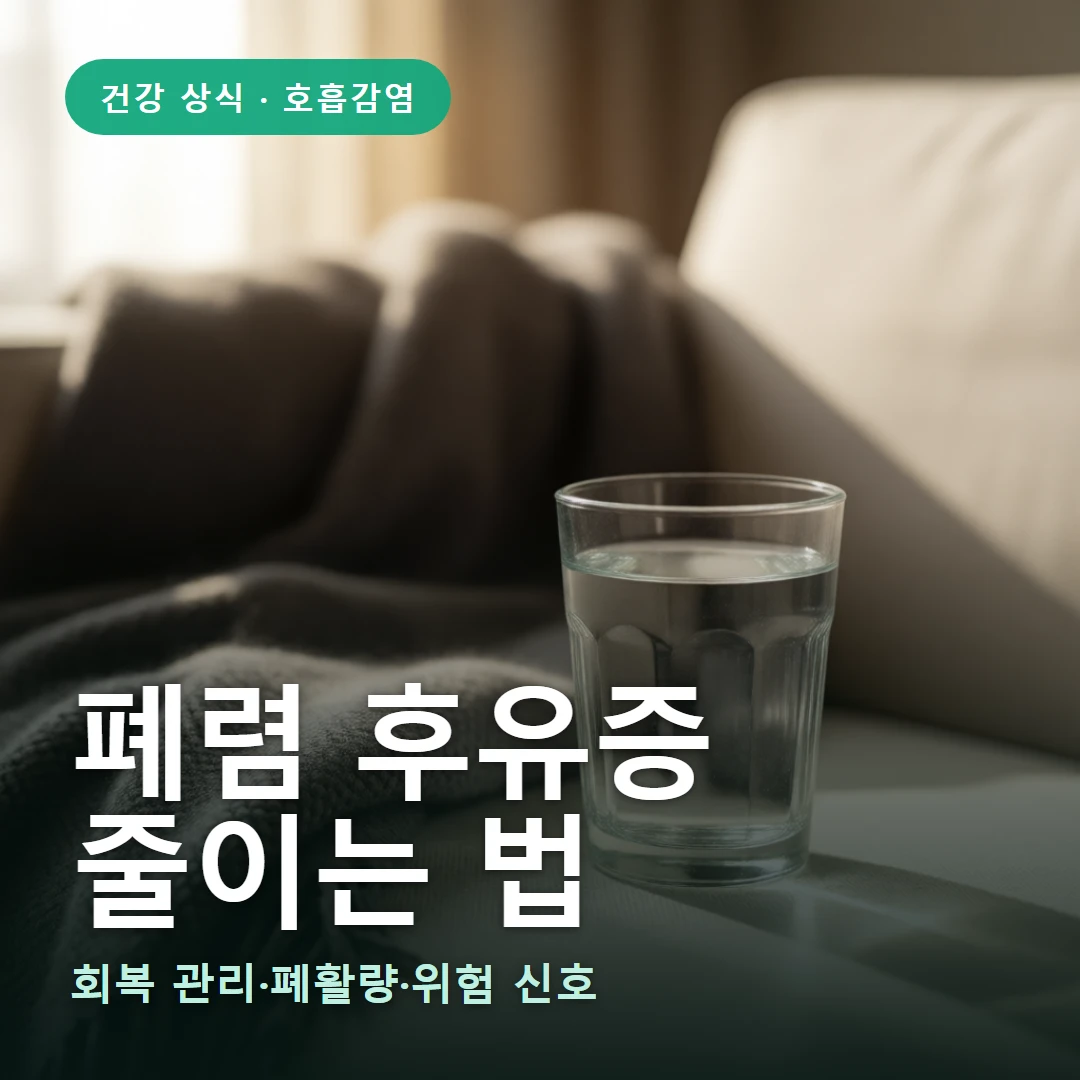 폐렴 후유증 요약 표지 — 회복 관리·폐활량·위험 신호