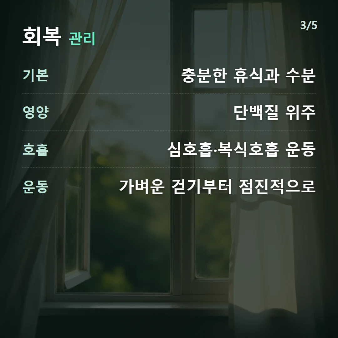 회복 관리 — 기본 충분한 휴식과 수분, 영양 단백질 위주, 호흡 심호흡·복식호흡 운동, 운동 가벼운 걷기부터 점진적으로