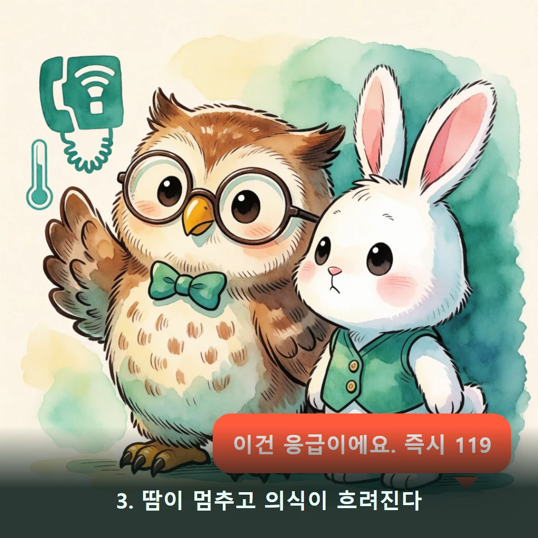 웹툰 3컷 — 3. 땀이 멈추고 의식이 흐려진다 (이건 응급이에요. 즉시 119)