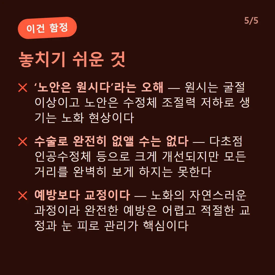 놓치기 쉬운 것 — ‘노안은 원시다’라는 오해 — 원시는 굴절 이상이고 노안은 수정체 조절력 저하로 생기는 노화 현상이다 / 수술로 완전히 없앨 수는 없다 — 다초점 인공수정체 등으로 크게 개선되지만 모든 거리를 완벽히 보게 하지는 못한다 / 예방보다 교정이다 — 노화의 자연스러운 과정이라 완전한 예방은 어렵고 적절한 교정과 눈 피로 관리가 핵심이다