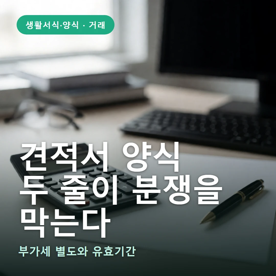 견적서 양식 요약 표지 — 부가세 별도와 유효기간
