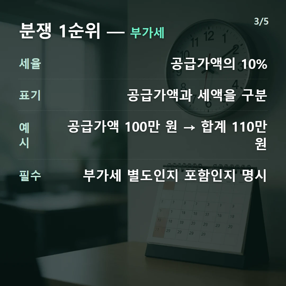 분쟁 1순위 — 부가세 — 세율 공급가액의 10%, 표기 공급가액과 세액을 구분, 예시 공급가액 100만 원 → 합계 110만 원, 필수 부가세 별도인지 포함인지 명시