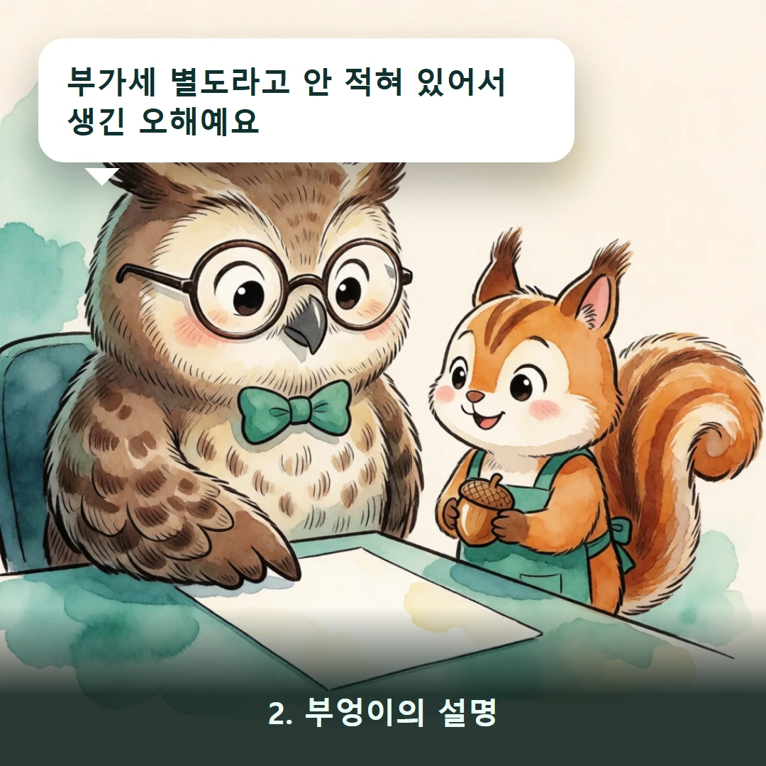 웹툰 2컷 — 2. 부엉이의 설명 (부가세 별도라고 안 적혀 있어서 생긴 오해예요)
