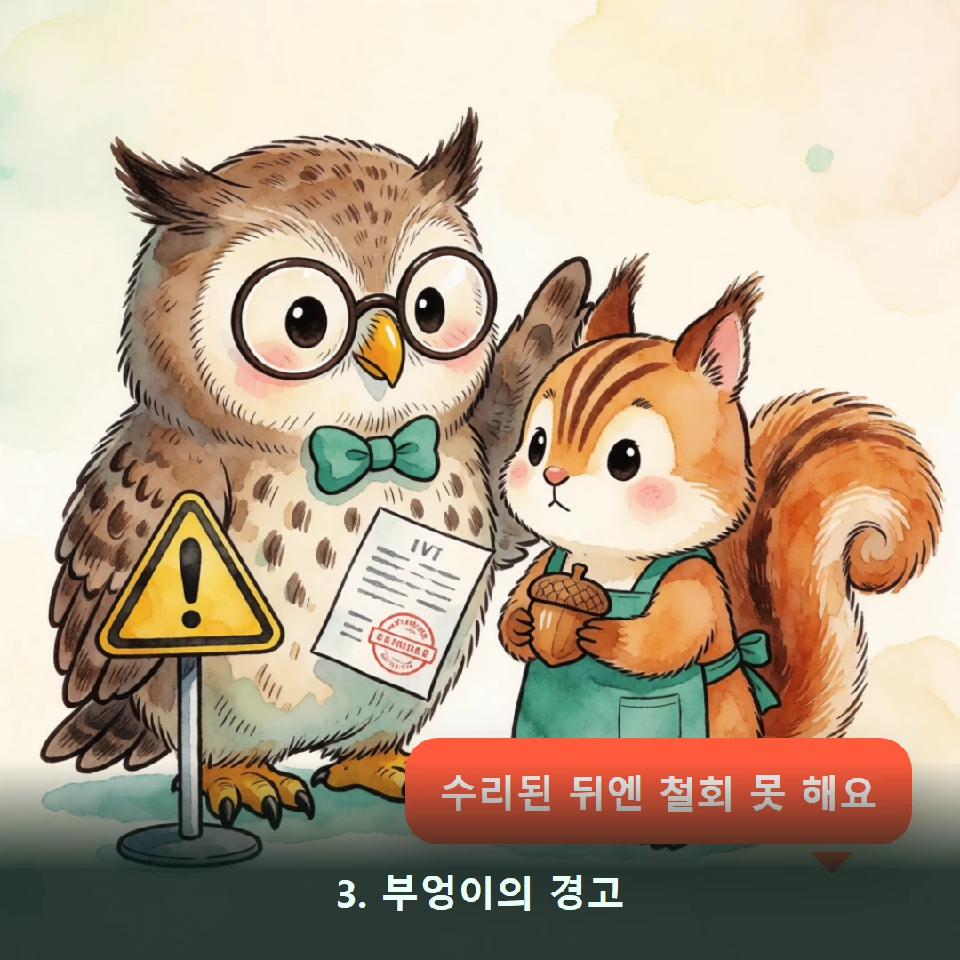 웹툰 3컷 — 3. 부엉이의 경고 (수리된 뒤엔 철회 못 해요)