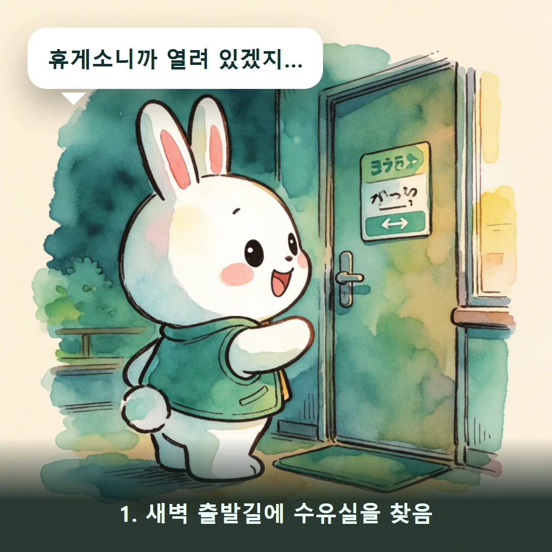 웹툰 1컷 — 1. 새벽 출발길에 수유실을 찾음 (휴게소니까 열려 있겠지…)
