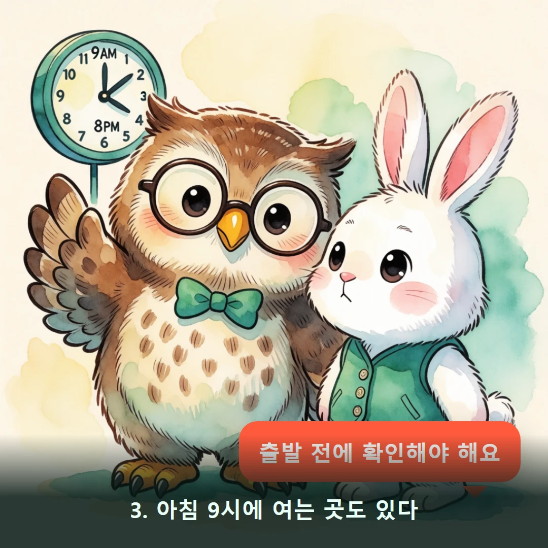 웹툰 3컷 — 3. 아침 9시에 여는 곳도 있다 (출발 전에 확인해야 해요)
