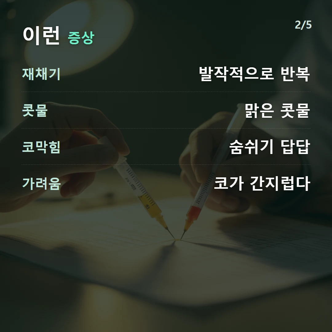 이런 증상 — 재채기 발작적으로 반복, 콧물 맑은 콧물, 코막힘 숨쉬기 답답, 가려움 코가 간지럽다