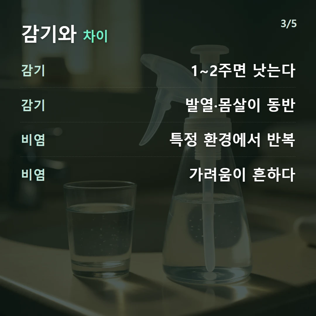 감기와 차이 — 감기 1~2주면 낫는다, 감기 발열·몸살이 동반, 비염 특정 환경에서 반복, 비염 가려움이 흔하다