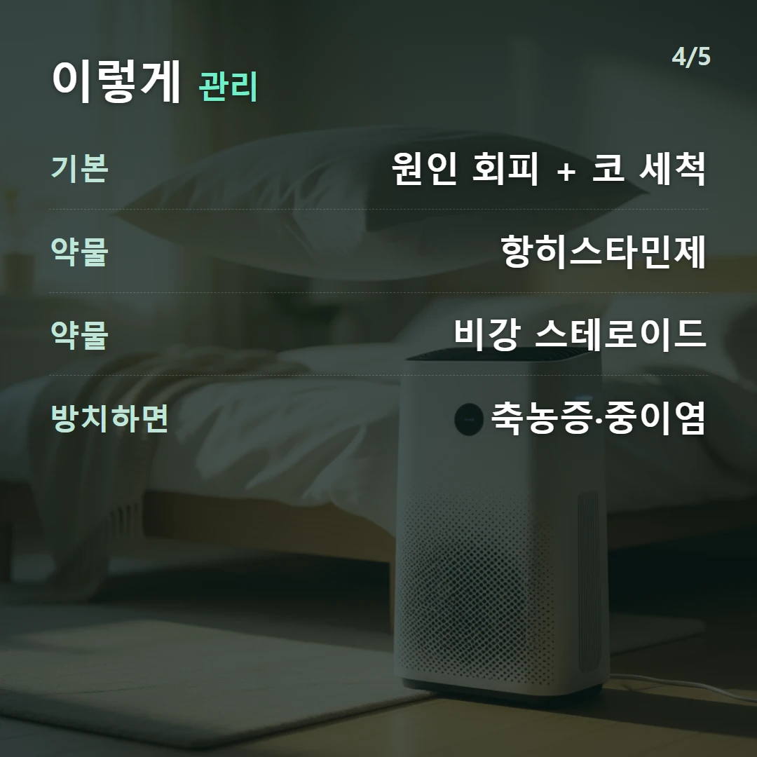 이렇게 관리 — 기본 원인 회피 + 코 세척, 약물 항히스타민제, 약물 비강 스테로이드, 방치하면 축농증·중이염