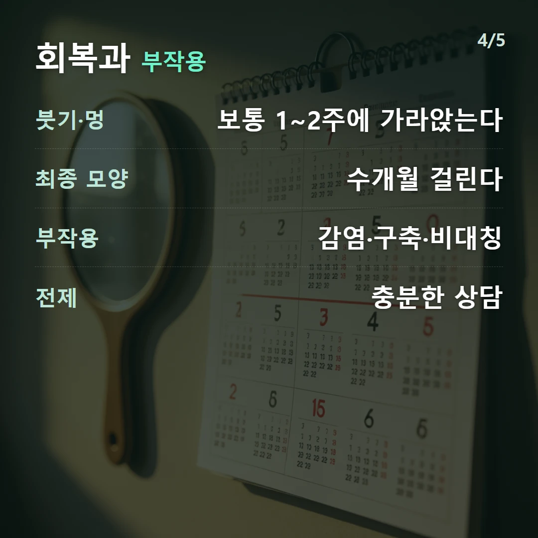 회복과 부작용 — 붓기·멍 보통 1~2주에 가라앉는다, 최종 모양 수개월 걸린다, 부작용 감염·구축·비대칭, 전제 충분한 상담