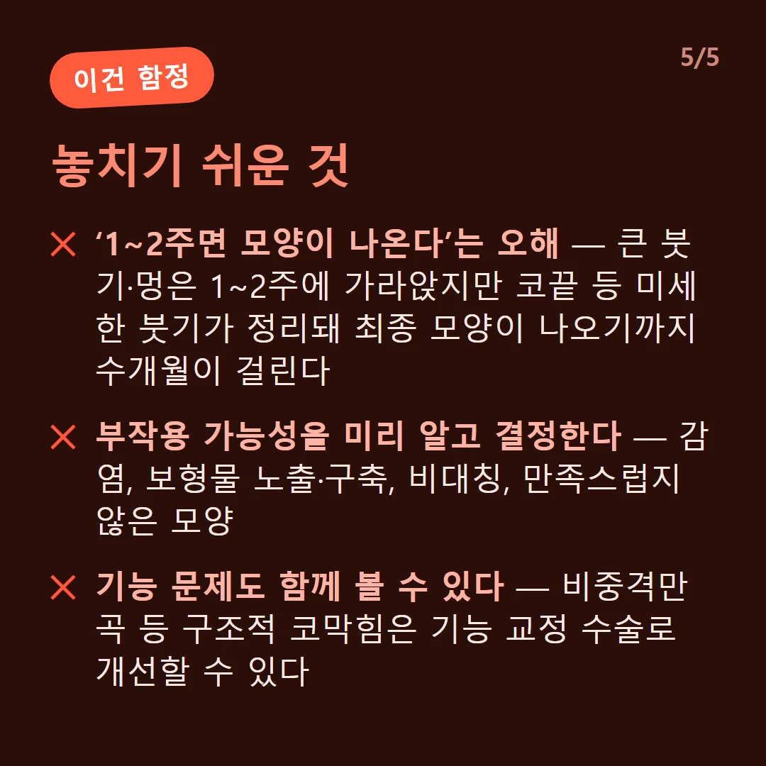 놓치기 쉬운 것 — ‘1~2주면 모양이 나온다’는 오해 — 큰 붓기·멍은 1~2주에 가라앉지만 코끝 등 미세한 붓기가 정리돼 최종 모양이 나오기까지 수개월이 걸린다 / 부작용 가능성을 미리 알고 결정한다 — 감염, 보형물 노출·구축, 비대칭, 만족스럽지 않은 모양 / 기능 문제도 함께 볼 수 있다 — 비중격만곡 등 구조적 코막힘은 기능 교정 수술로 개선할 수 있다
