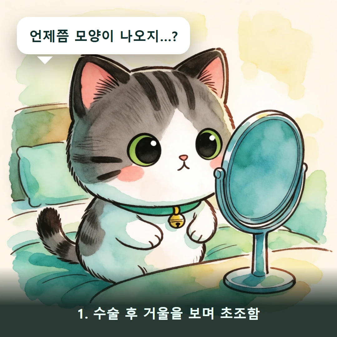 웹툰 1컷 — 1. 수술 후 거울을 보며 초조함 (언제쯤 모양이 나오지…?)