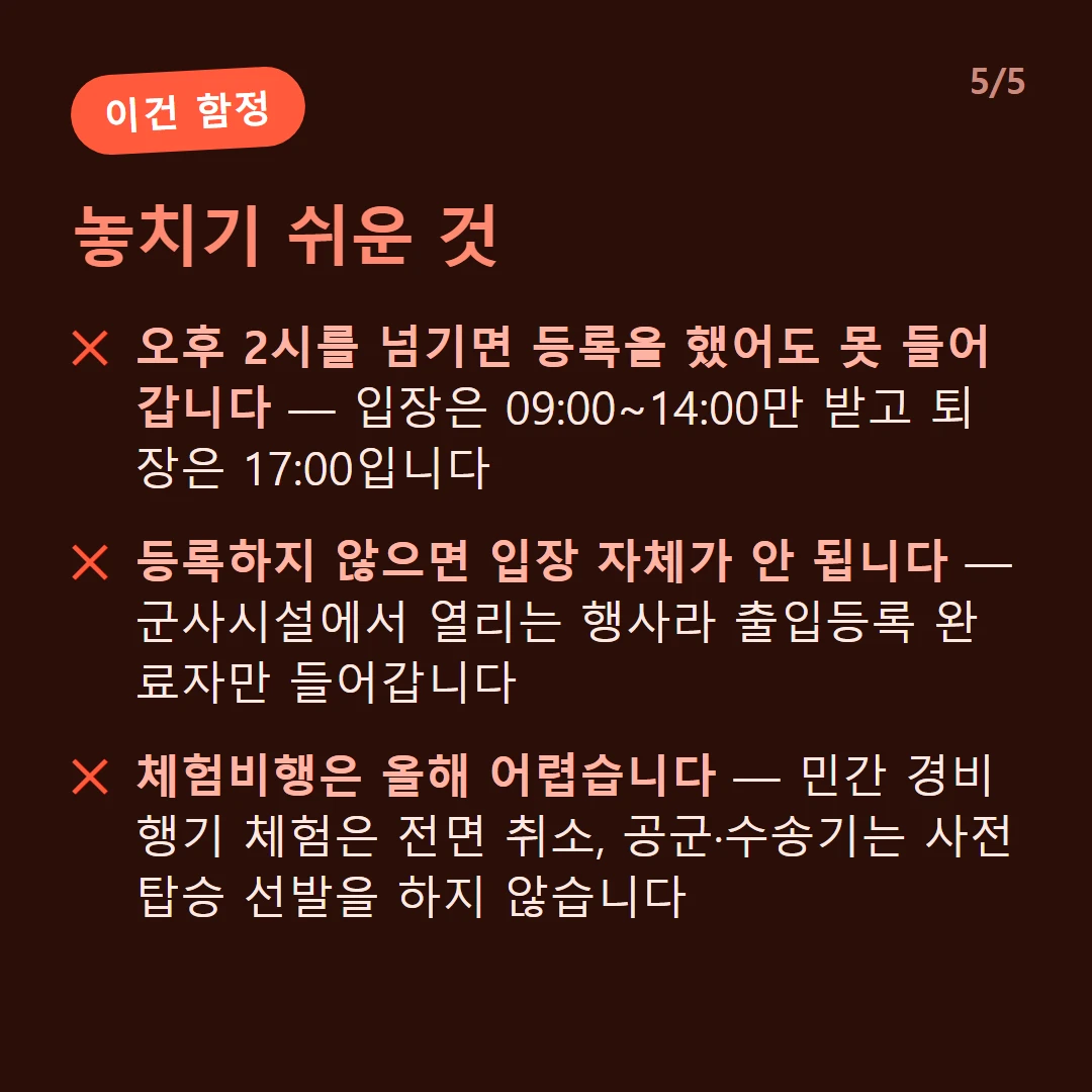 놓치기 쉬운 것 — 오후 2시를 넘기면 등록을 했어도 못 들어갑니다 — 입장은 09:00~14:00만 받고 퇴장은 17:00입니다 / 등록하지 않으면 입장 자체가 안 됩니다 — 군사시설에서 열리는 행사라 출입등록 완료자만 들어갑니다 / 체험비행은 올해 어렵습니다 — 민간 경비행기 체험은 전면 취소, 공군·수송기는 사전 탑승 선발을 하지 않습니다