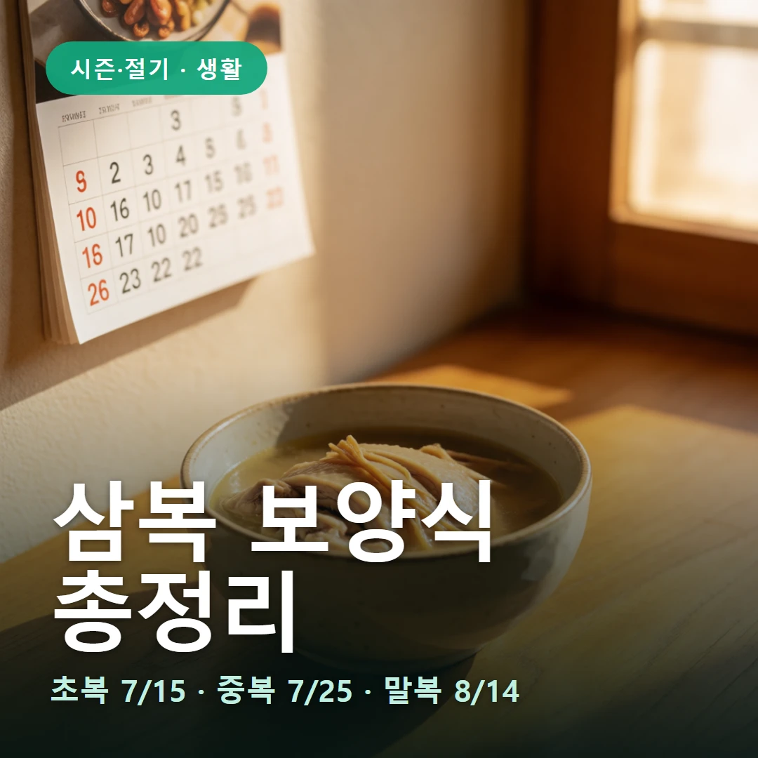 삼복 보양식 요약 표지 — 초복 7/15 · 중복 7/25 · 말복 8/14