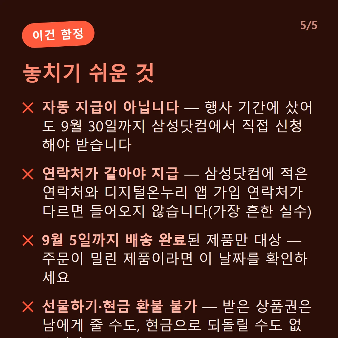 놓치기 쉬운 것 — 자동 지급이 아닙니다 — 행사 기간에 샀어도 9월 30일까지 삼성닷컴에서 직접 신청해야 받습니다 / 연락처가 같아야 지급 — 삼성닷컴에 적은 연락처와 디지털온누리 앱 가입 연락처가 다르면 들어오지 않습니다(가장 흔한 실수) / 9월 5일까지 배송 완료된 제품만 대상 — 주문이 밀린 제품이라면 이 날짜를 확인하세요 / 선물하기·현금 환불 불가 — 받은 상품권은 남에게 줄 수도, 현금으로 되돌릴 수도 없습니다