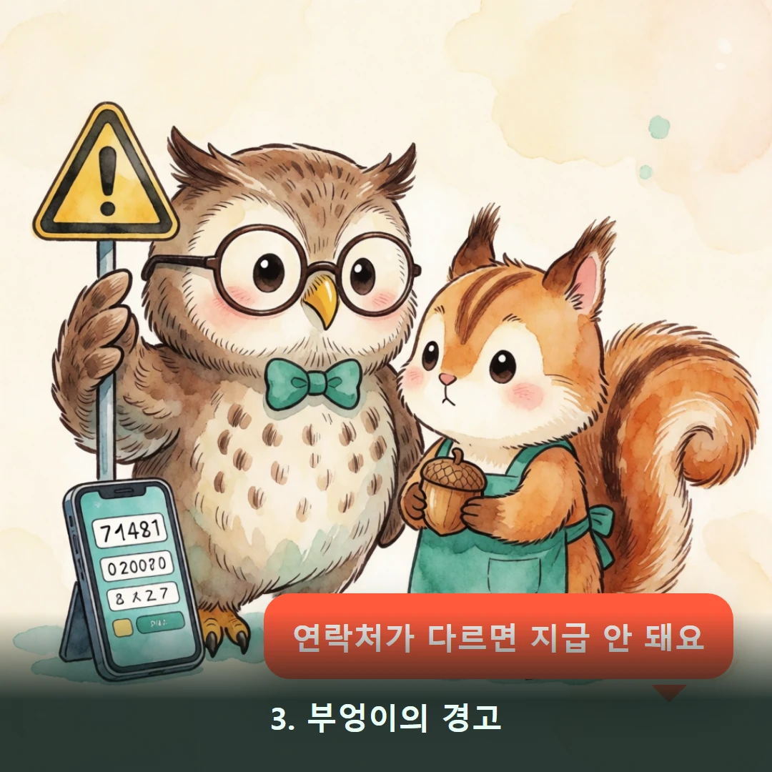 웹툰 3컷 — 3. 부엉이의 경고 (연락처가 다르면 지급 안 돼요)