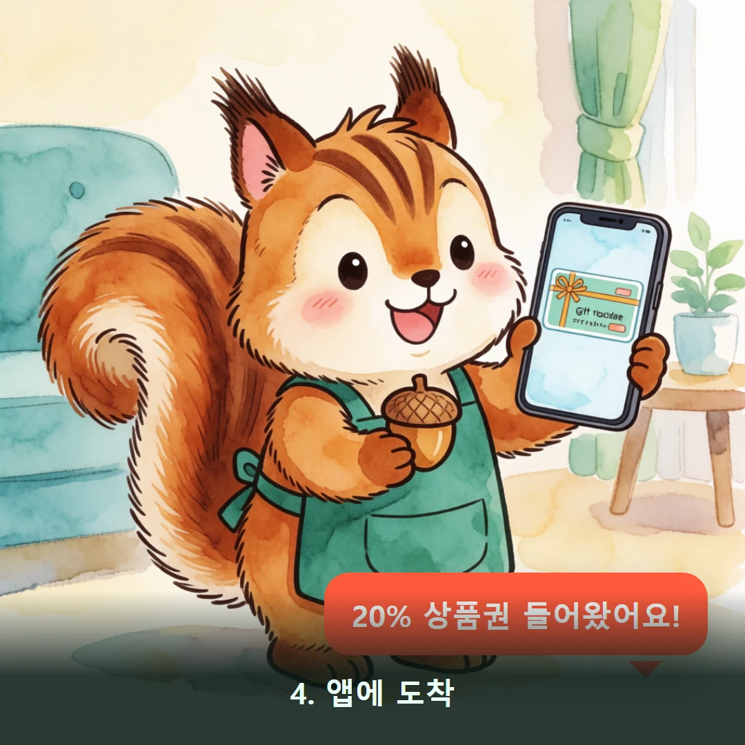 웹툰 4컷 — 4. 앱에 도착 (20% 상품권 들어왔어요!)