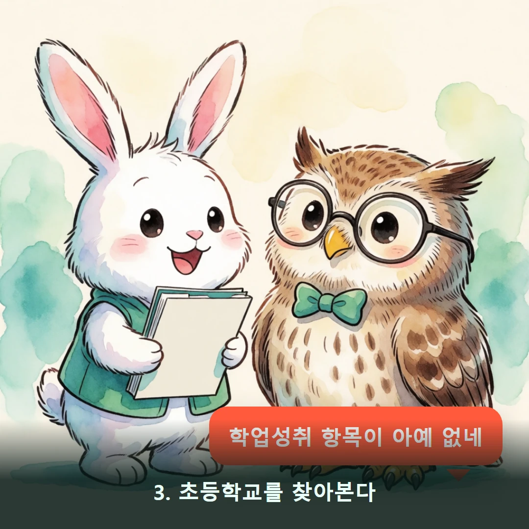 웹툰 3컷 — 3. 초등학교를 찾아본다 (학업성취 항목이 아예 없네)