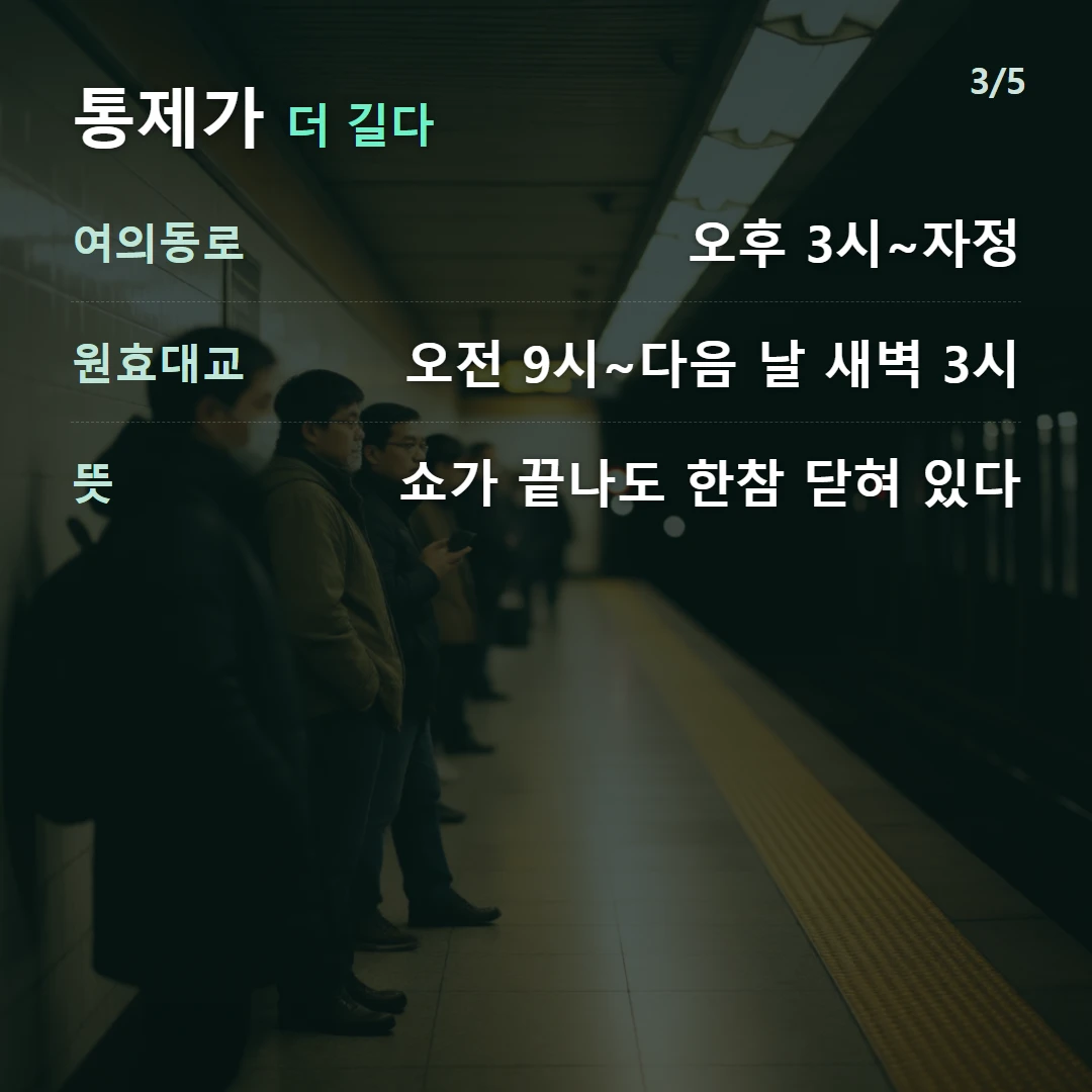 통제가 더 길다 — 여의동로 오후 3시~자정, 원효대교 오전 9시~다음 날 새벽 3시, 뜻 쇼가 끝나도 한참 닫혀 있다