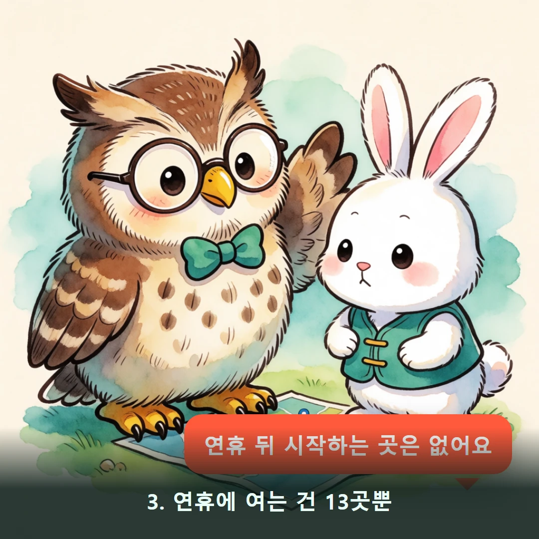 웹툰 3컷 — 3. 연휴에 여는 건 13곳뿐 (연휴 뒤 시작하는 곳은 없어요)