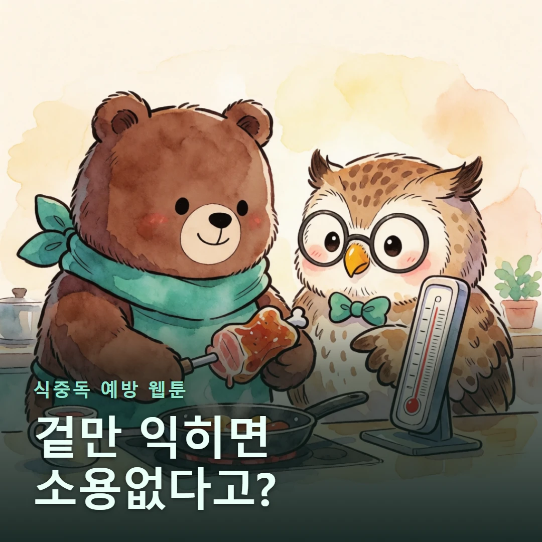 식중독 예방 웹툰 표지 — 겉만 익히면 소용없다고?
