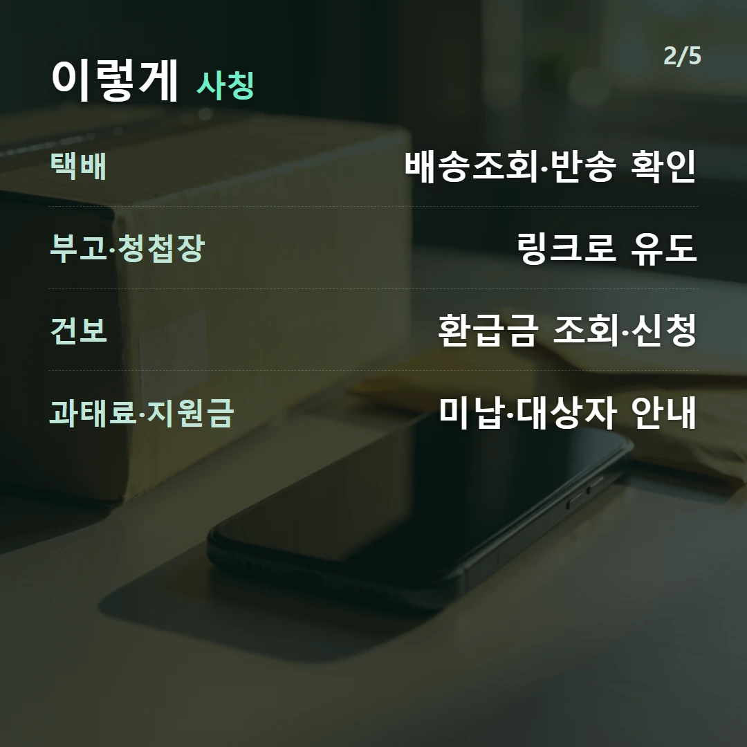 이렇게 사칭 — 택배 배송조회·반송 확인, 부고·청첩장 링크로 유도, 건보 환급금 조회·신청, 과태료·지원금 미납·대상자 안내