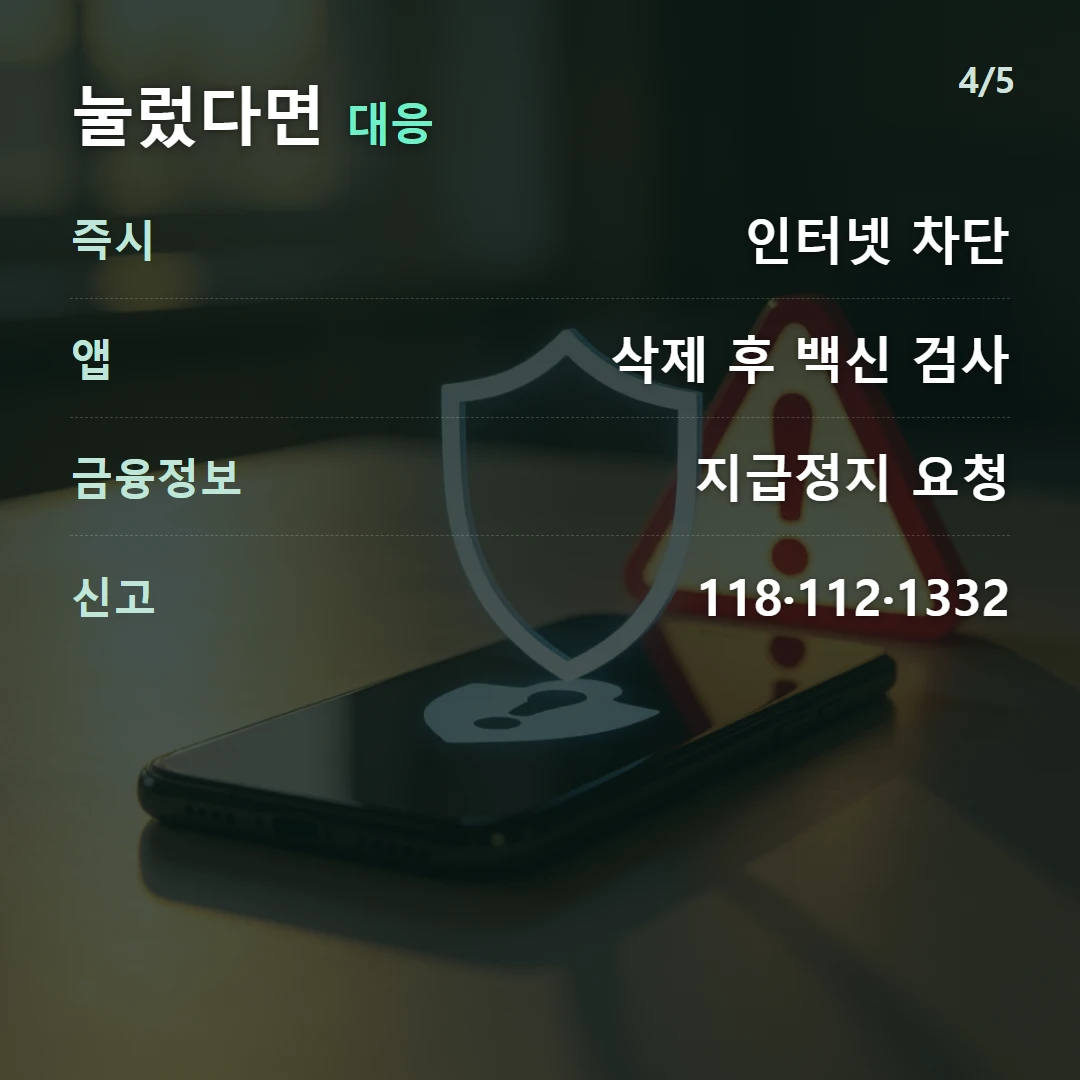 눌렀다면 대응 — 즉시 인터넷 차단, 앱 삭제 후 백신 검사, 금융정보 지급정지 요청, 신고 118·112·1332