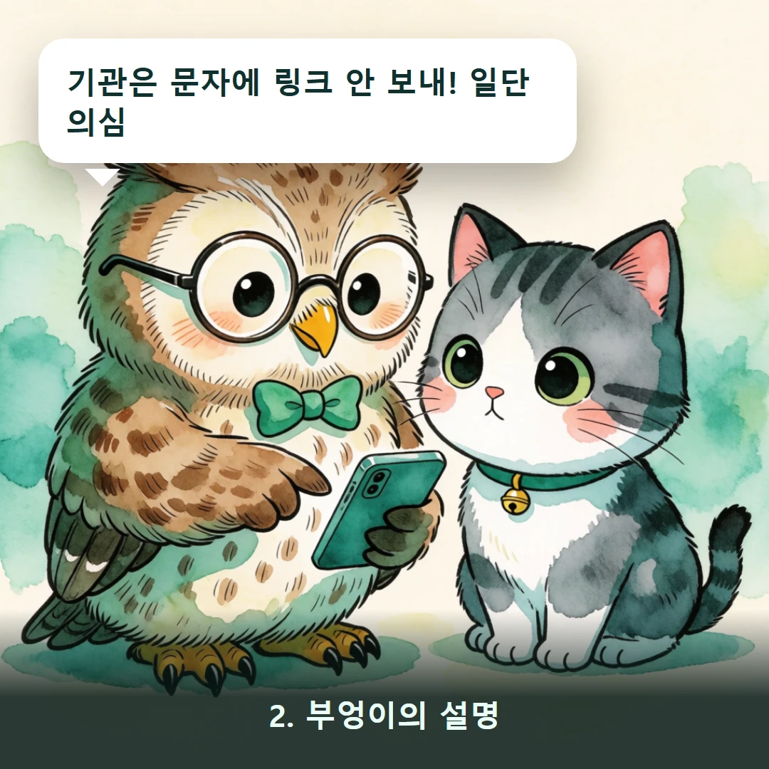 웹툰 2컷 — 2. 부엉이의 설명 (기관은 문자에 링크 안 보내! 일단 의심)